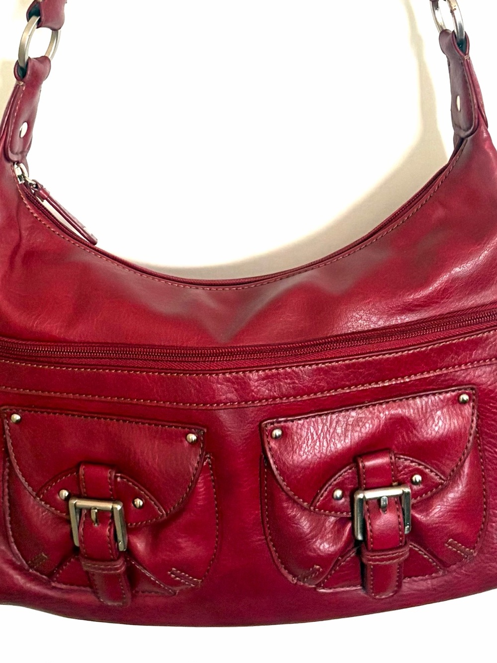 Liz Claiborne Red Leather Shoulder Bag with Front Buckle Pockets